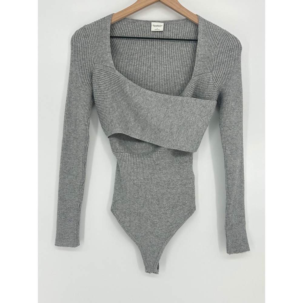 Abercrombie & Fitch LuxeLoft Wrap Ribbed Gray Sweater Bodysuit In‎ Women's Small